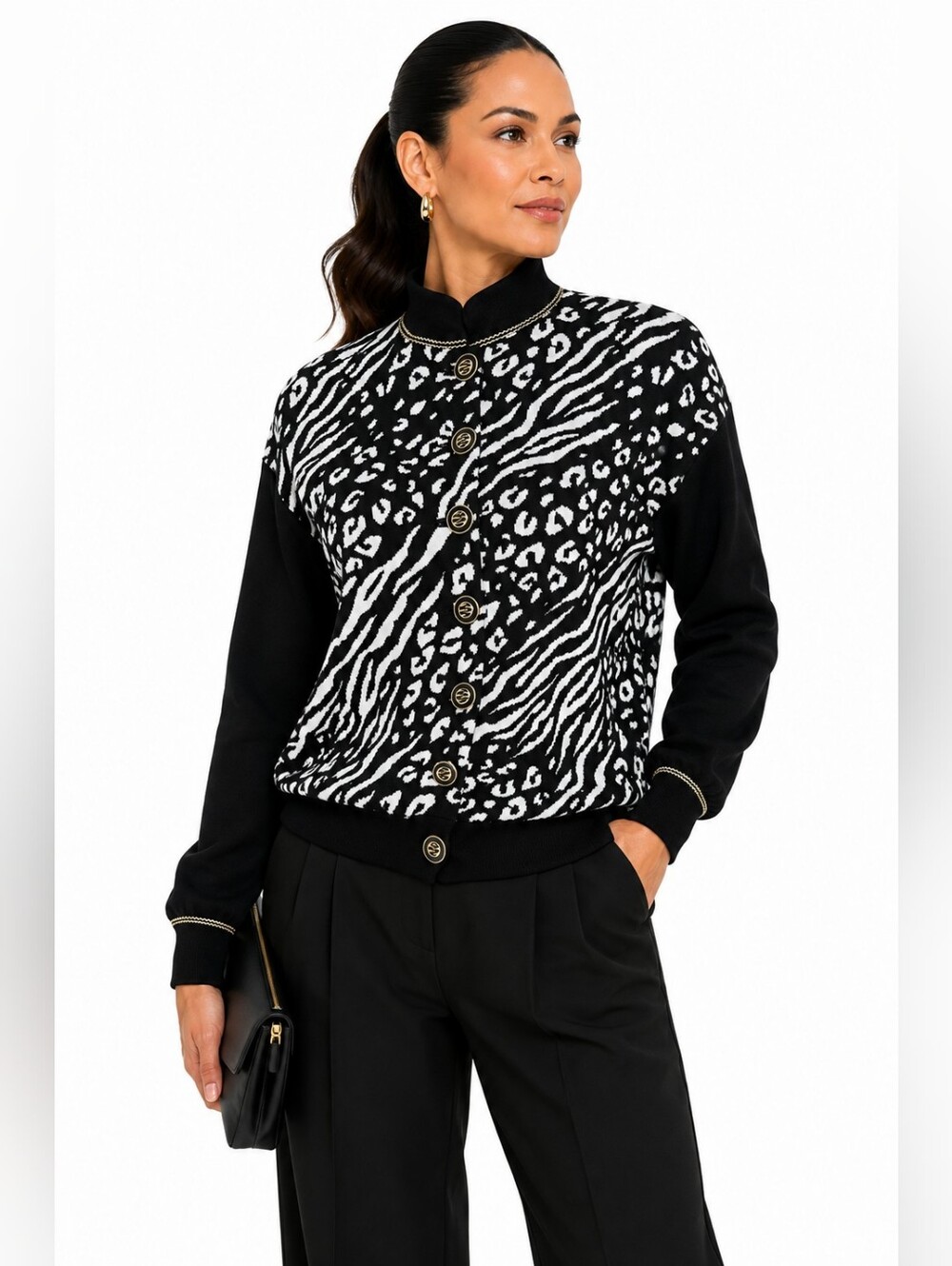 St. John Collection Marie Gray Black White Animal Print Knit Jacket Cardigan M